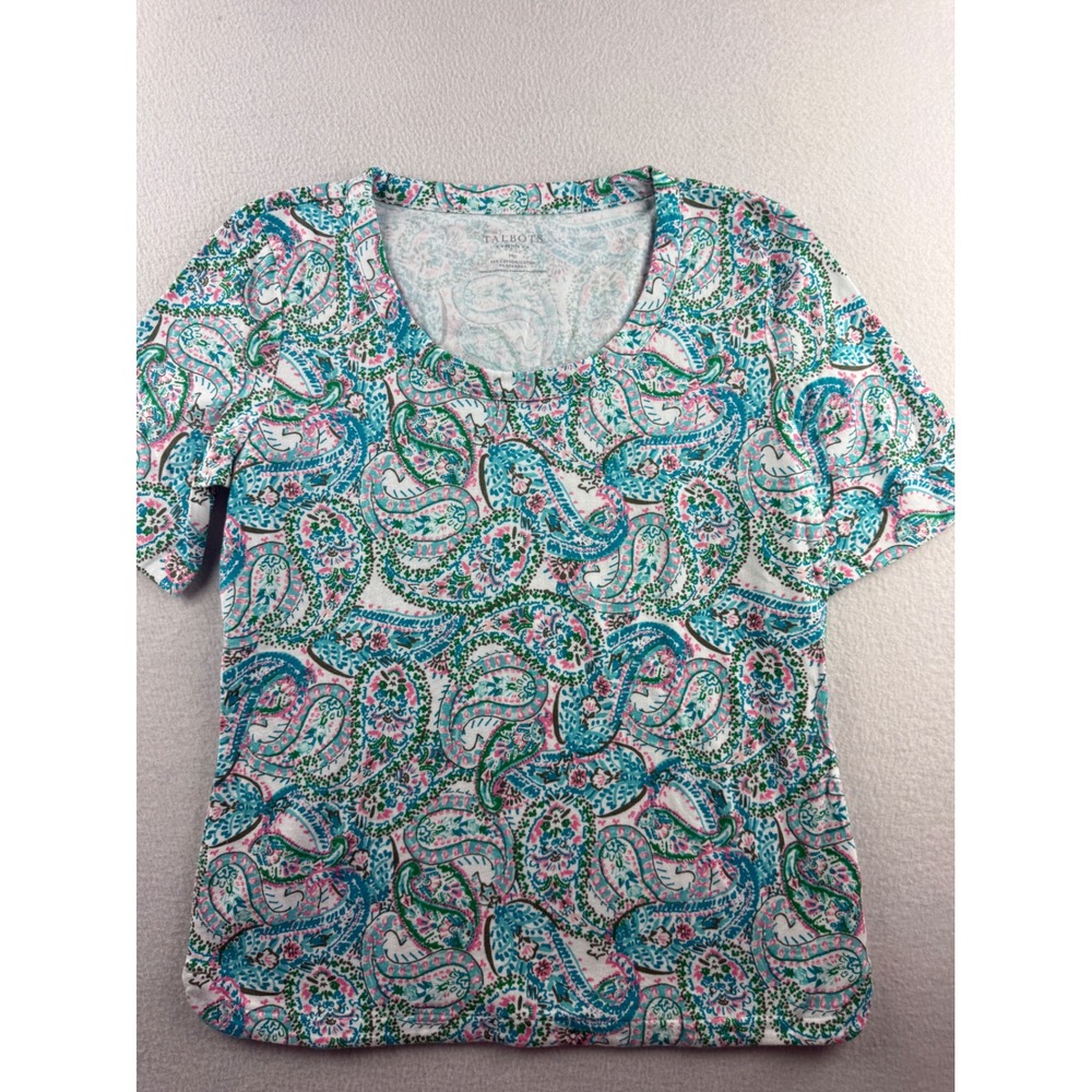 Talbots Petite Medium MP Paisley Scoop Neck Short Sleeve Cotton Knit Top Tee